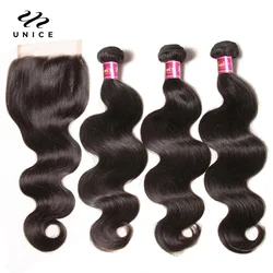 Unice Hair Body Wave Bundles With Closure 100% Human Hair 4x4 5x5 HD Lace Closure With Bundles 2/3/4 PCS Deal Can Make 250% Wig