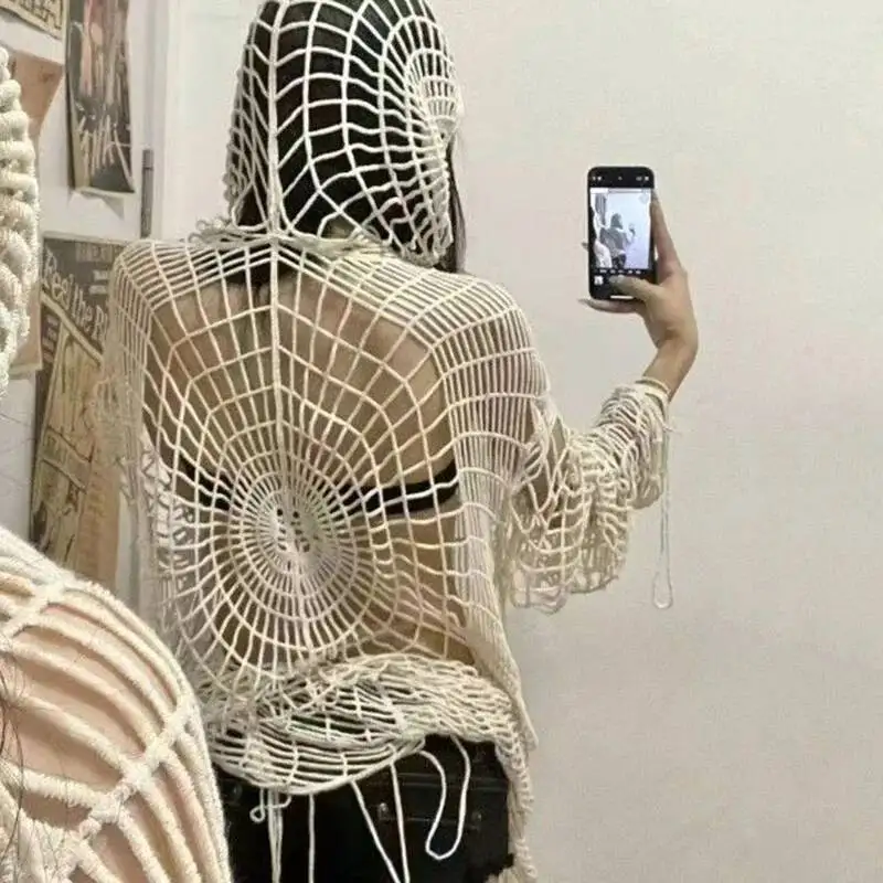 

Lucyever Y K полые вязаные топы с капюшоном, женские сетчатые пуловеры в готическом стиле с паутиной Spice Girl, женские корейские модные свитера с рыболовной сети