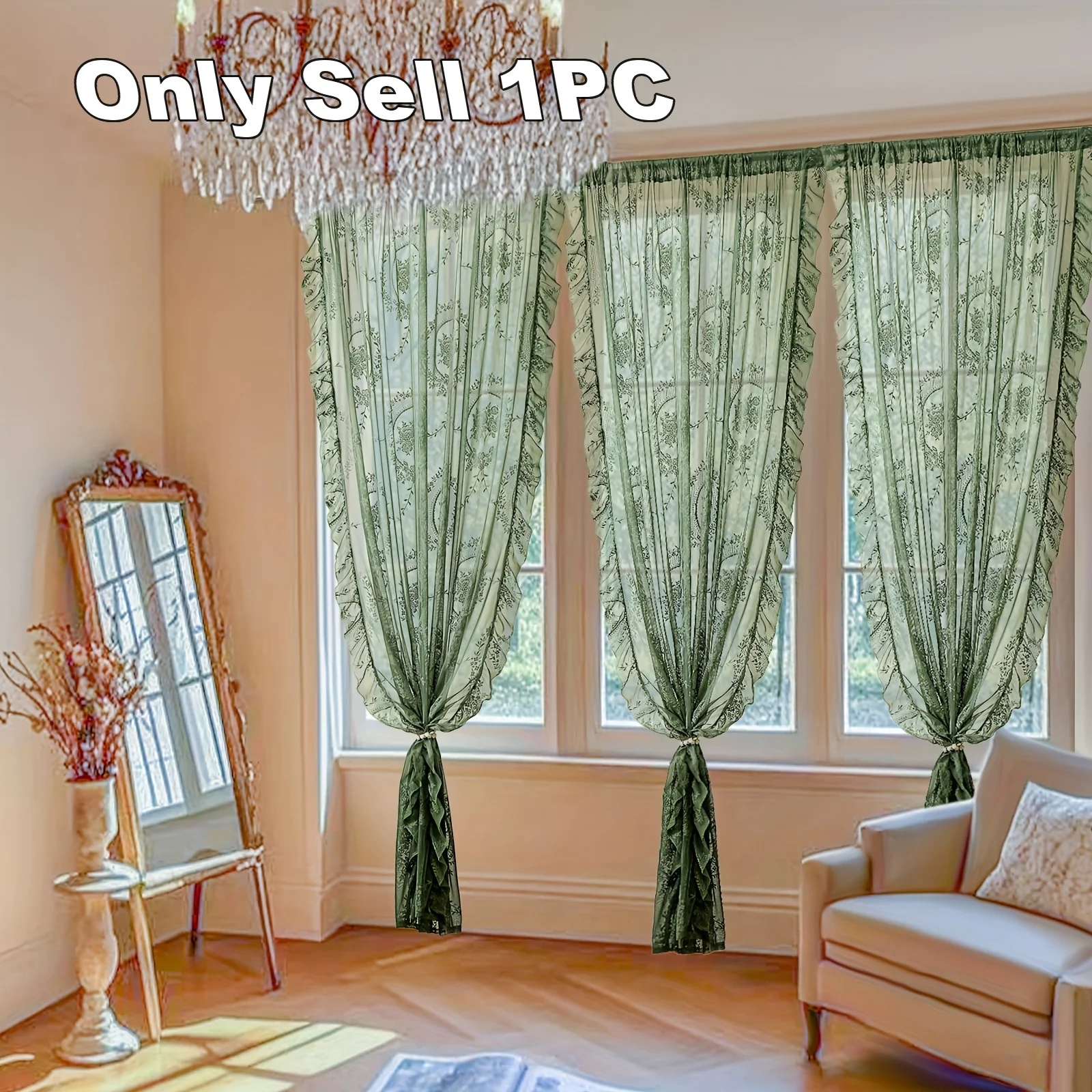 1PC French Style Solid Linen Sheer Transparent Curtain with Trim, Home & Kitchen Decor, Elegant Window Treatment, Single Piece