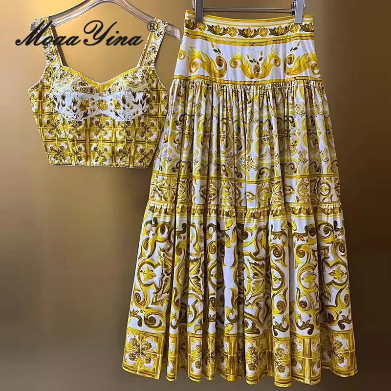 MoaaYina Summer Fashion Designer High Quality Women Skirt Sets Bohemian Print Backless Spaghetti Strap Tops+Ruched Skirt Sets