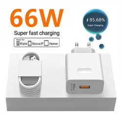 6A 66W EU Super Fast Charger For Huawei Mate 40 50 60 P40 P50 P60 Nova Honor 70 80 90 100 X7b X8b X9b Type C USB Charging Cable