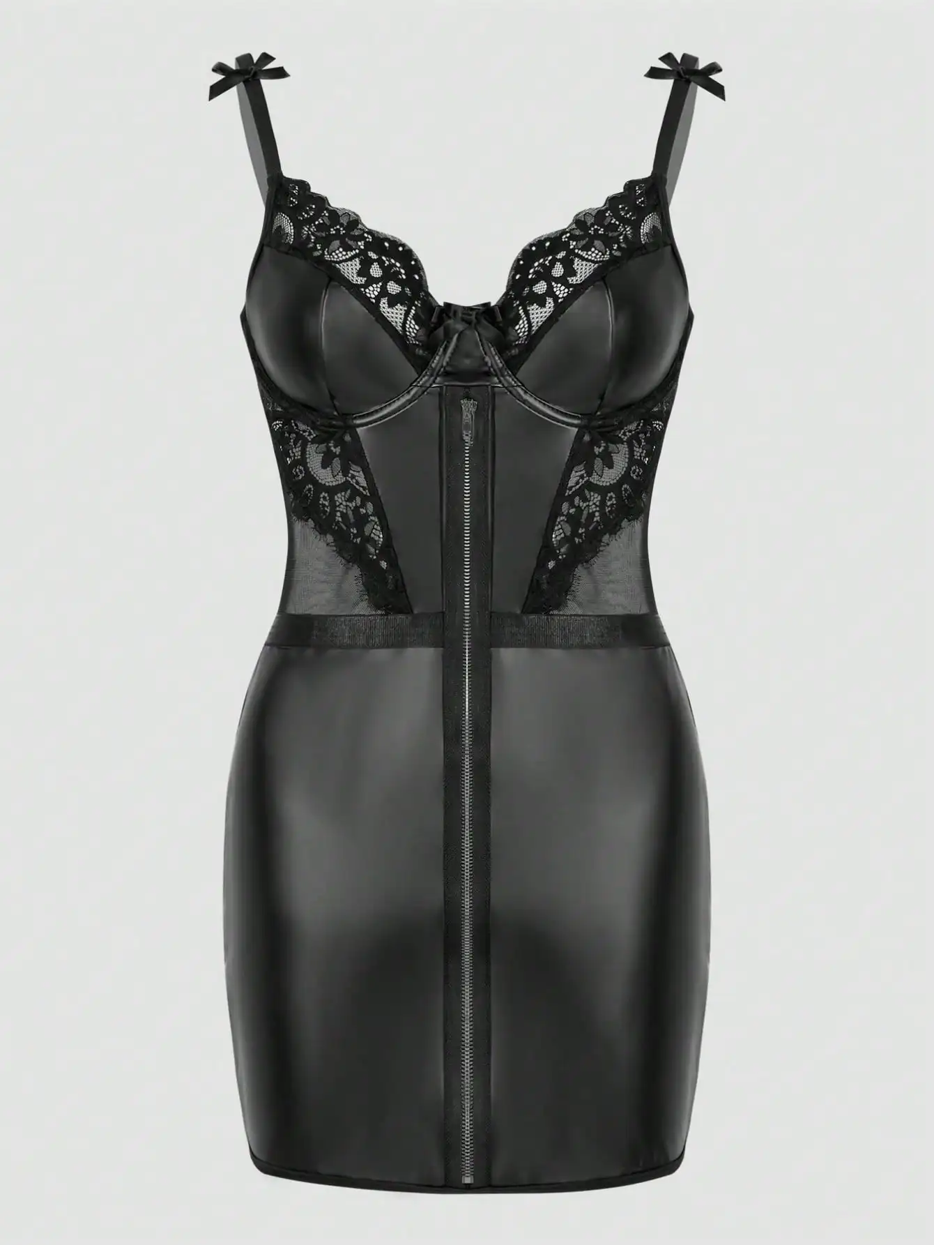 

Black PU Leather Lace Trim Zip-Up Bodysuit Dress with Bow Straps