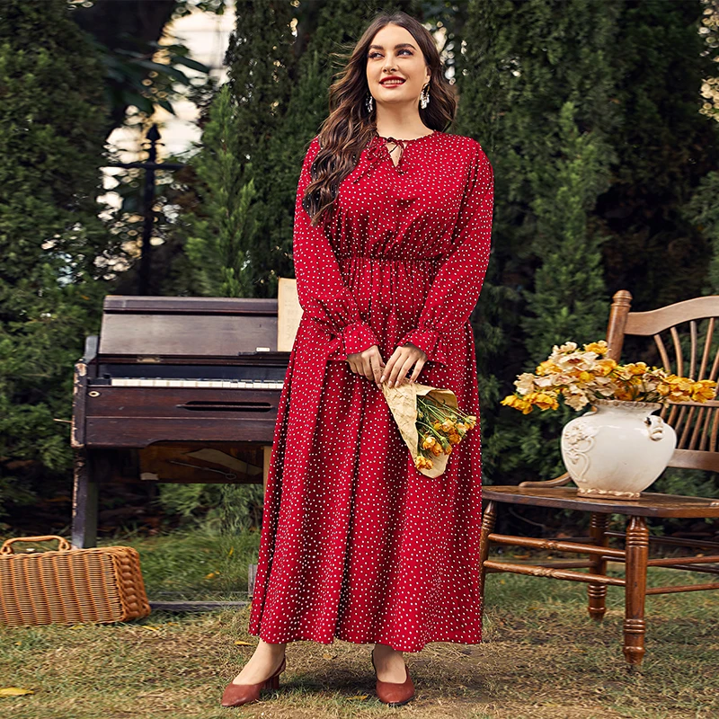 3XL 4XL Plus Size Women Clothing Elegant Long Sleeves Polka Point Female Maxi Dress Casual Travel Vacation Chiffon Dress