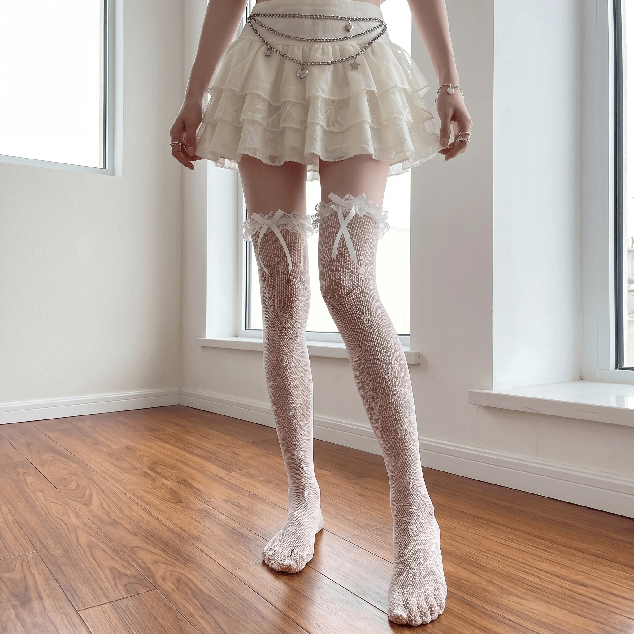 2026 Moon Girl Sweet White Mesh Over Knee Socks, Delicate Lace Bow Decor Long Hosiery For Women, Breathable See Through Mesh Thigh High Socks, Cute Daily Matching Fashion Long Socks With Pretty Lace Bow Details For Tee