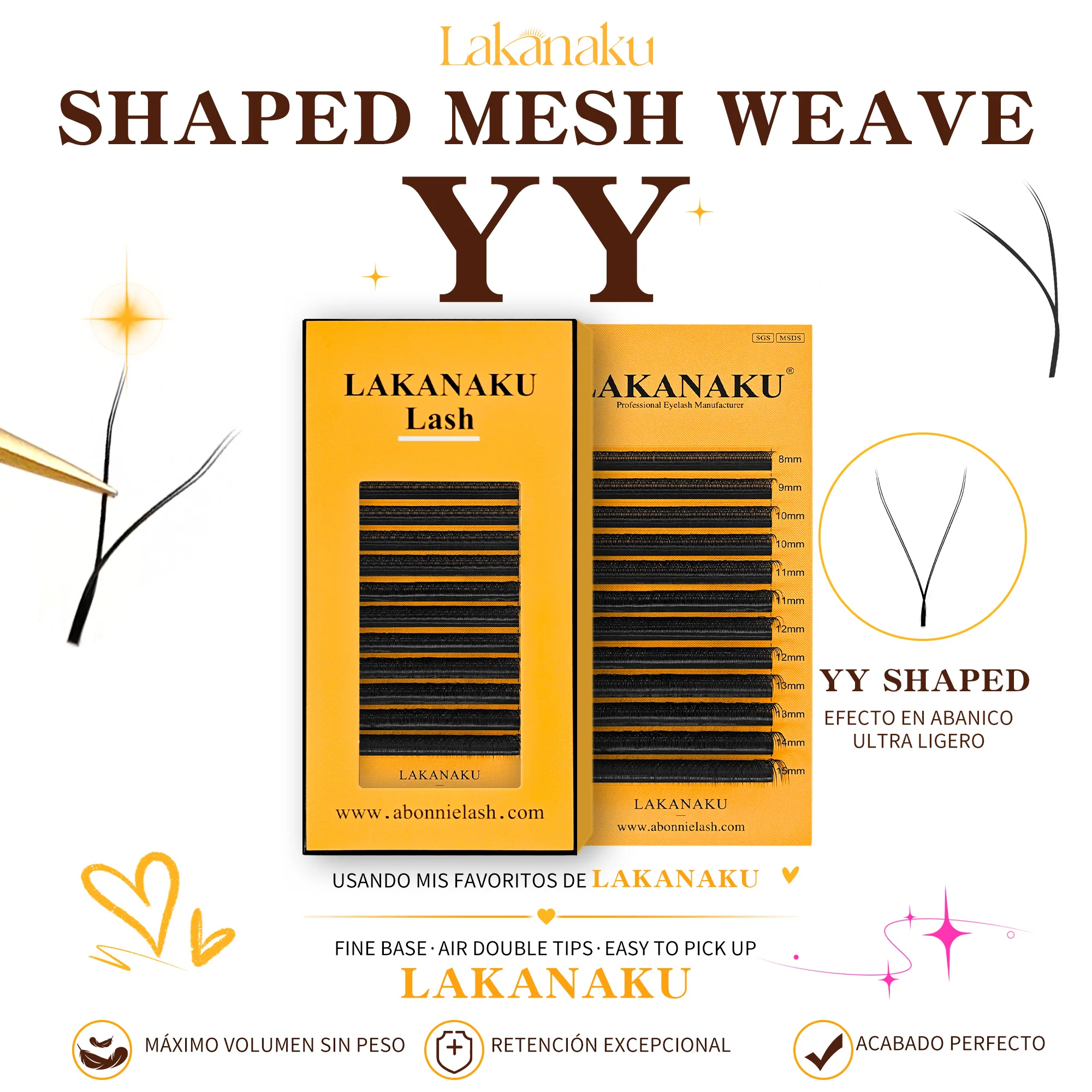 LAKANAKU YY Shaped Mesh Weave Brazilian Speedy YY Lash Bundles Cilios Premade Fans Lash Extensions Paper Box