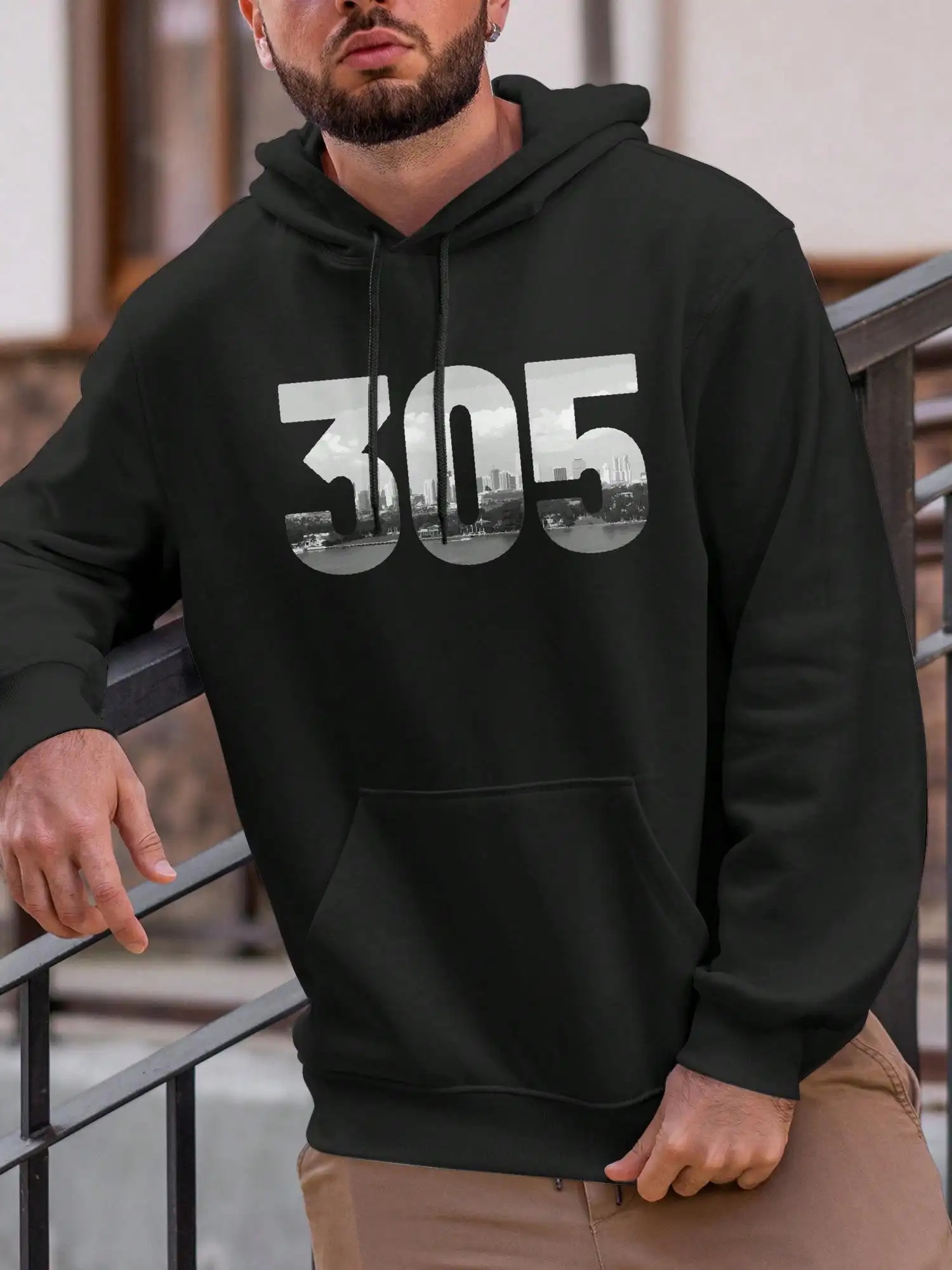 Men 305 Miami City Skyline Inside Number Graphic Hoodie USA Area Code City View Print Pullover Sweatshirt Autumn Winter Kangaroo Pocket Black Streetwear Hooded Tops Unisex