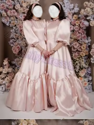 Pink Satin Evening Dress Women 3/4 Sleeves Floor Length High Neck Beaded Elegant Bridal Formal Long Ball Gowns Pageant Dress