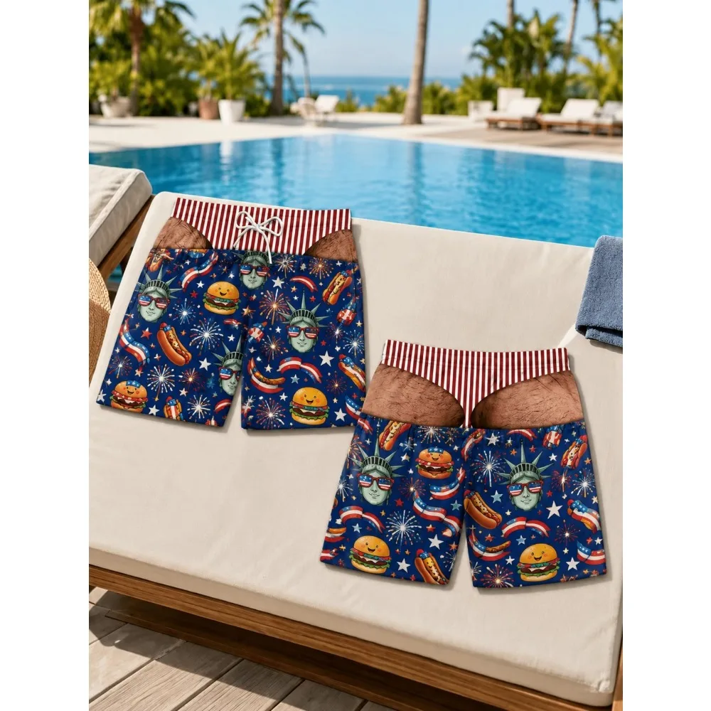 Funny Fake Bikini Waist Men Swim Trunks Novelty 3D Print Quick Dry Drawstring Beach Shorts Bachelor Party Gag Gift