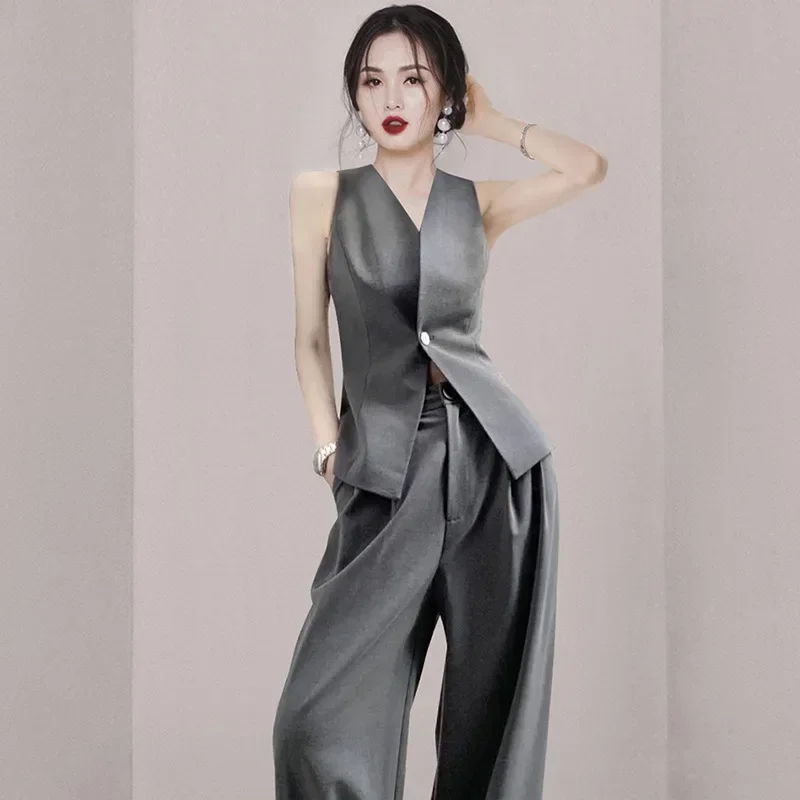 

High end fashionable and capable temperament small fragrant style vest wide leg pants professional temperament two-piece set