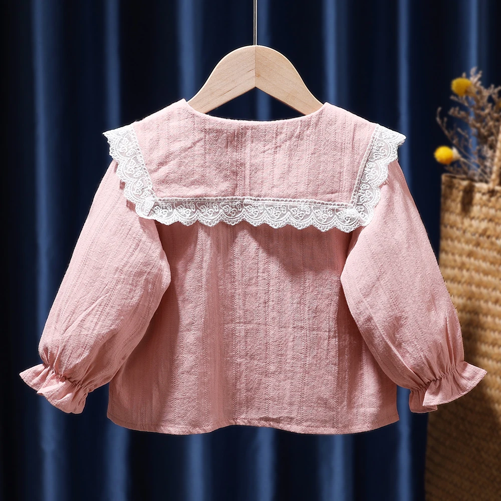 Cute Baby Spring Shirt Long Sleeve Peter Pan Collar Single Breasted Blouses 1-6Years Girls Bottoming Shirts Autumn