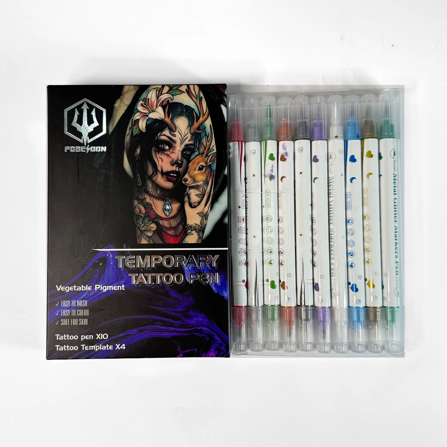 

Набор для рисования татуировок POSEIDON: высококачественные ручки для татуировок, 10 шт., и 4 трафарета для татуировок