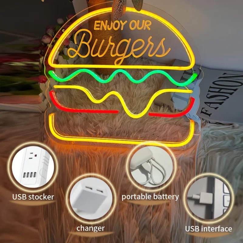 Burger Neon Sign, Colorful Shape USB Powered,For Burger Snack Shop Decoration Background Hanging Wall Atmosphere Light