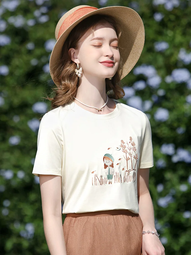 I BELIEVE YOU Short-sleeve Women T-shirts 2024 Summer New Cool Feeling Ice Porcelain Cotton Embroidery Female Clothes 2241015586