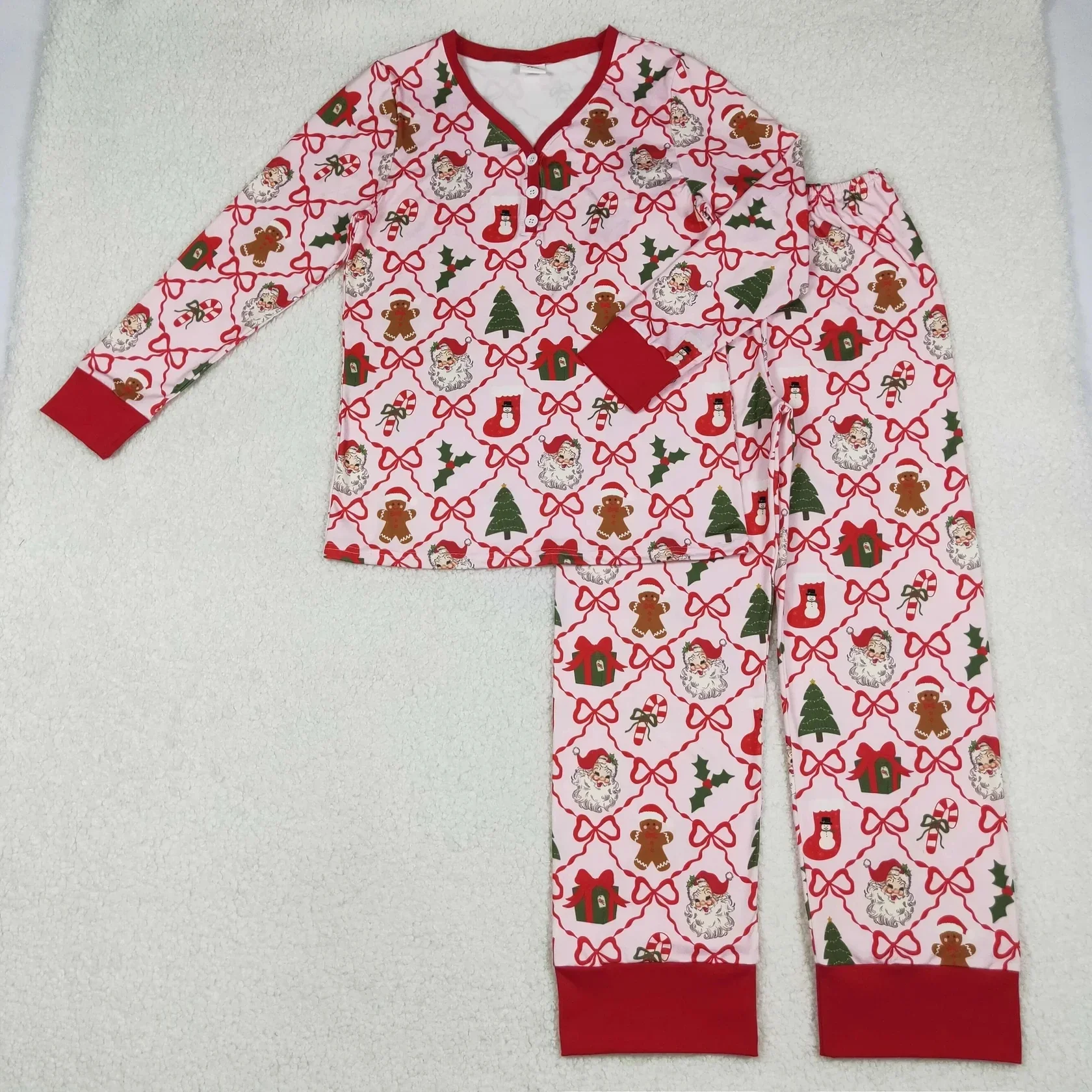 

Wholesale Adult Christmas Nightclothes Long Sleeve Women Sleepwear Santa Bows Shirt Pants Pajamas Clothing Woman Girl Set Outfit