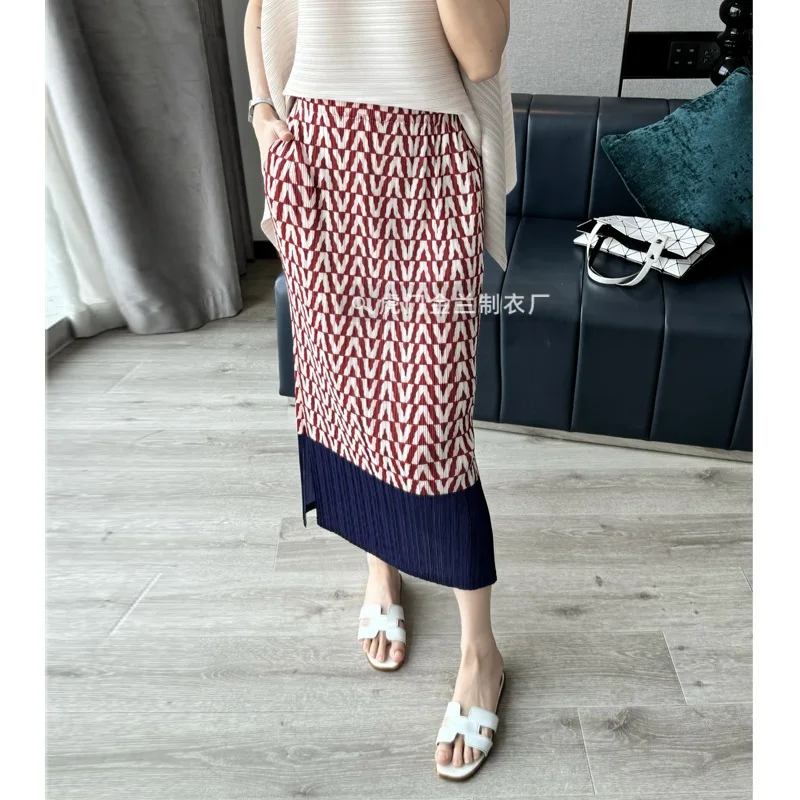 Miyake Pleated Printed Skirt Summer New Mid Length Skirt Heavy Duty Straight Tube Skirt for Women Summer