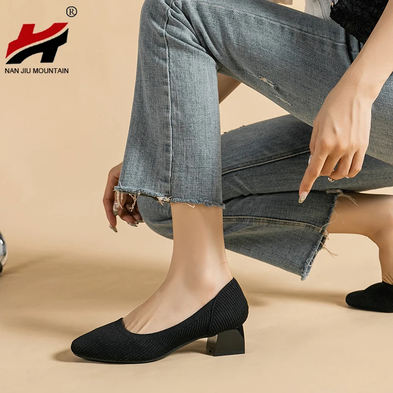 

Solid Color Single Shoes Women Low-Heeled Square Toe Shoes 2023 New Fashion Spring Autumn Knitting Shoes Plus Size 43