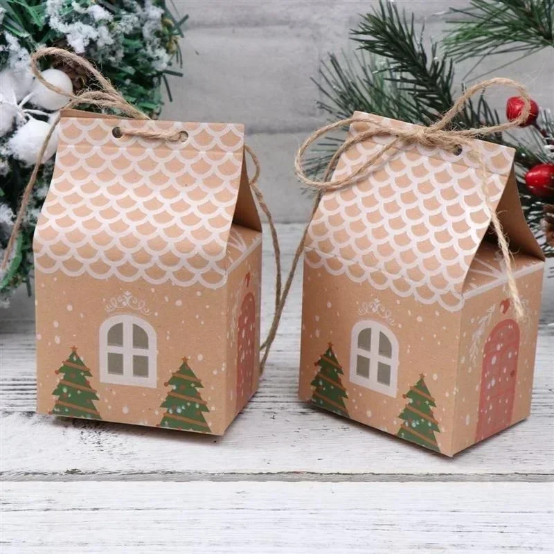 50pcs Party Xmas Decor House Shape Cookies Pouch Christmas Candy Box sacchetti regalo di carta Kraft Candy Box