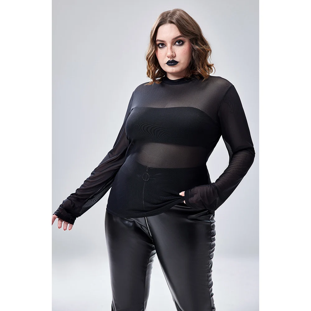 Disfraz de Halloween de talla grande, blusa de manga larga transparente de malla de cuello redondo negro gótico