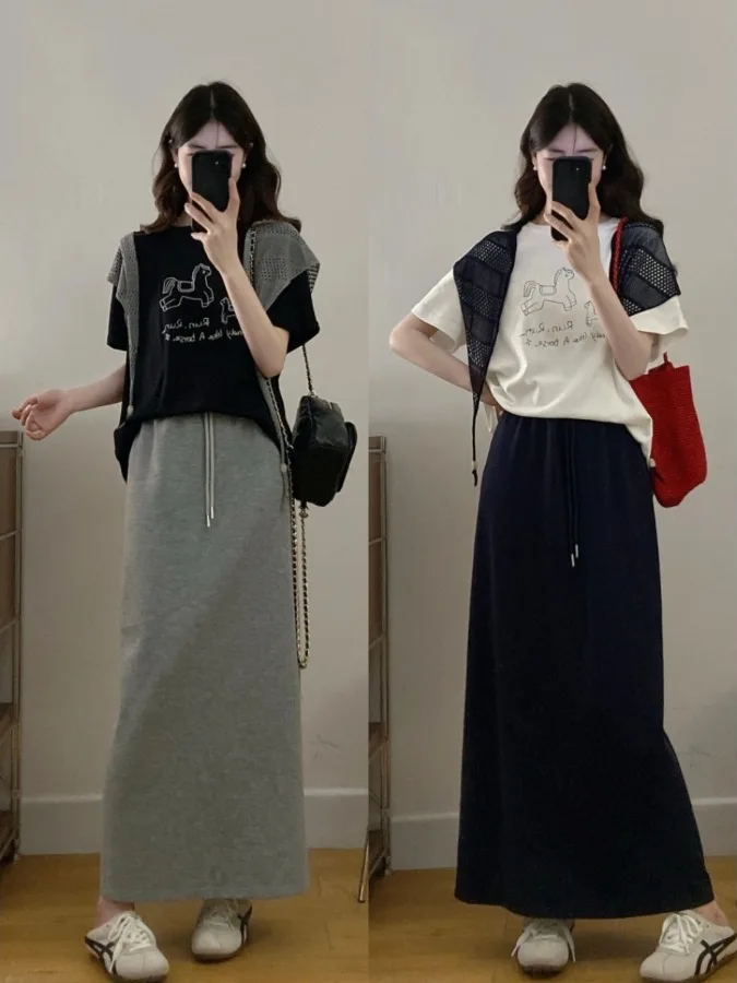 

plus Size Summer Casual Lazy Style Print Short Sleeve T-Shirt And Shawl Half Skirt Set Women Fashion Ensemble Thin Model