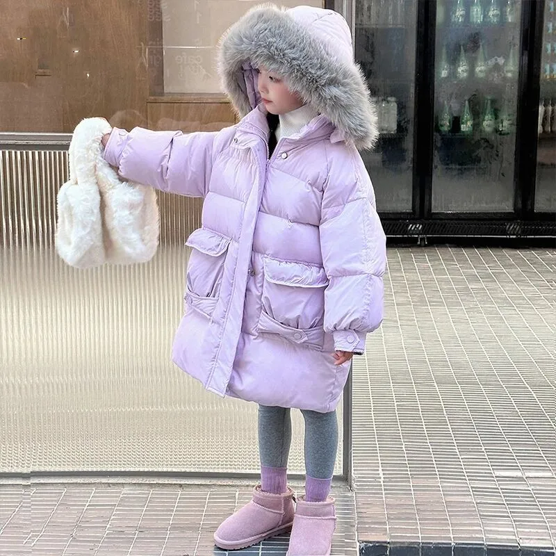 NOWOŚĆ Dziecięca zimowa ciepła biała kurtka puchowa z kapturem gruby płaszcz dziewczynka ubrania chłopiec odzież dziecięca parka prawdziwe futro kombinezon śnieżny