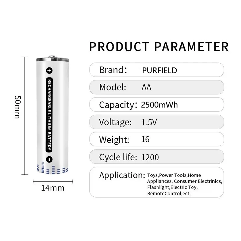 PURFIELD 1.5V AA 2500mWh USB No 5 Rechargeable Li-ion Battery for Remote Control Mouse Small Fan Electric Toy Batteries + Cable