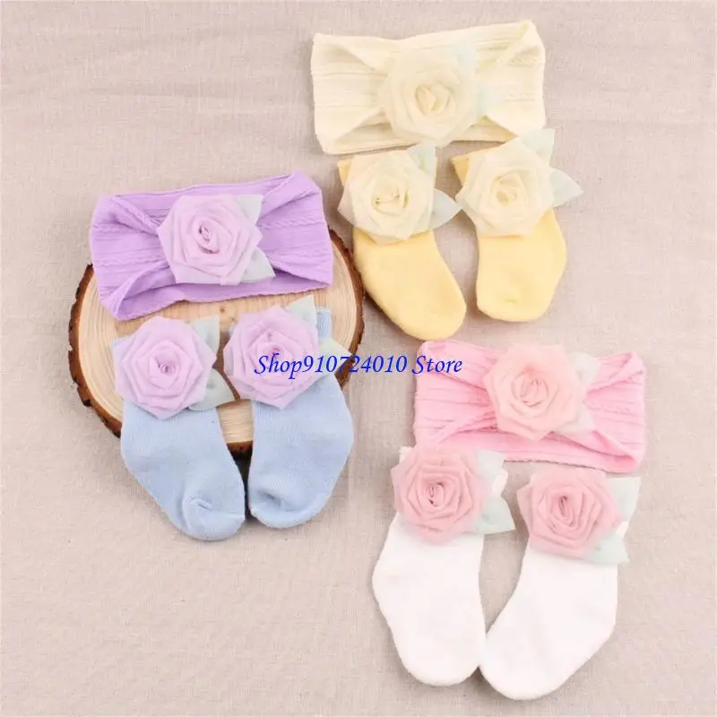 

77HD Toddler Sock & Headpiece set Baby Socks Headband Set Elastic Designs Baby Socks with Headwear Comfortable Wearing set