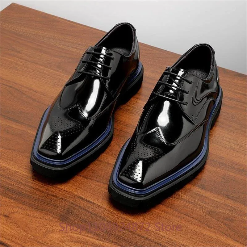 

British Dress Business Brogue Leather Shoes Men Square Toe Genuine Leather Breathable Thick Soled Height Increasing Derby Shoes