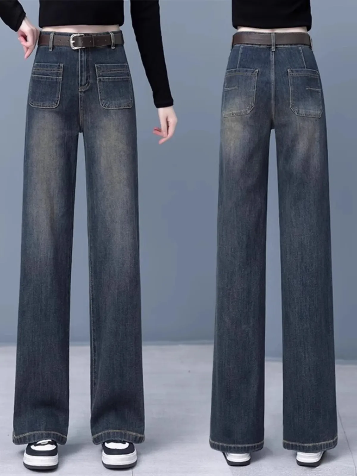 

Retro Fitted Wide Leg Denim Jeans Women's Small Size Autumn Winter New Style Fleece Lined Loose Slim Straight Pants