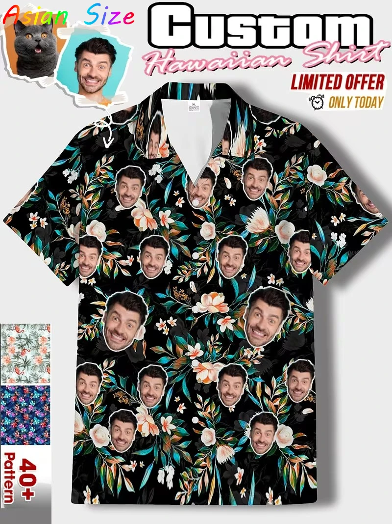

Гавайская рубашка с листьями лица на заказ, персонализированная тропическая пляжная рубашка, рубашка в стиле отпускной вечеринки, гавайские рубашки с фото своими руками