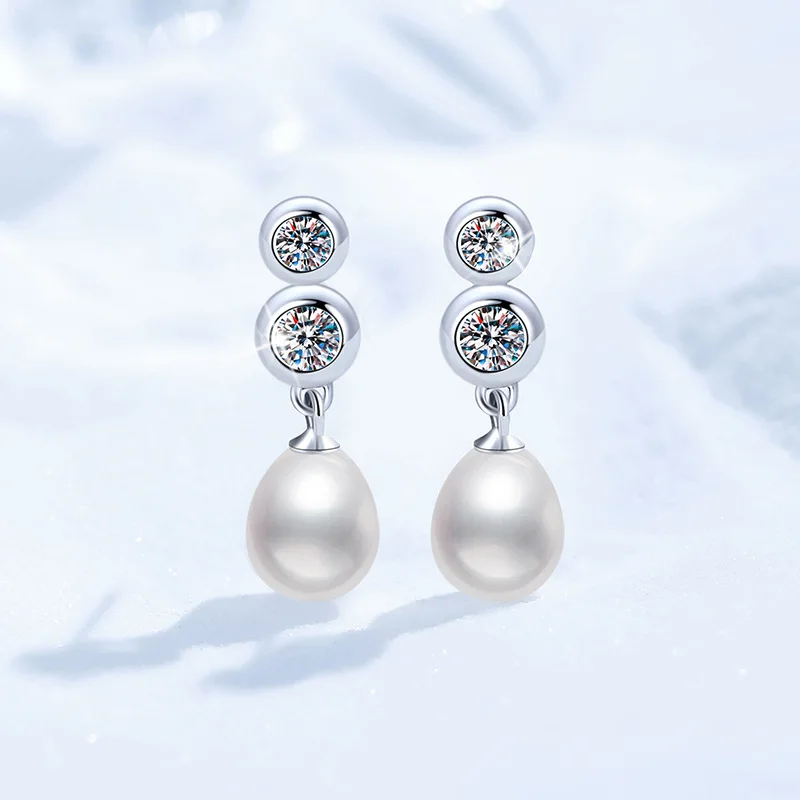 

PT950 Platinum Set with 0.8 Carat Moissanite Paired with Freshwater Pearl Earrings for Women, Diamond Earrings, PT950 Imprint