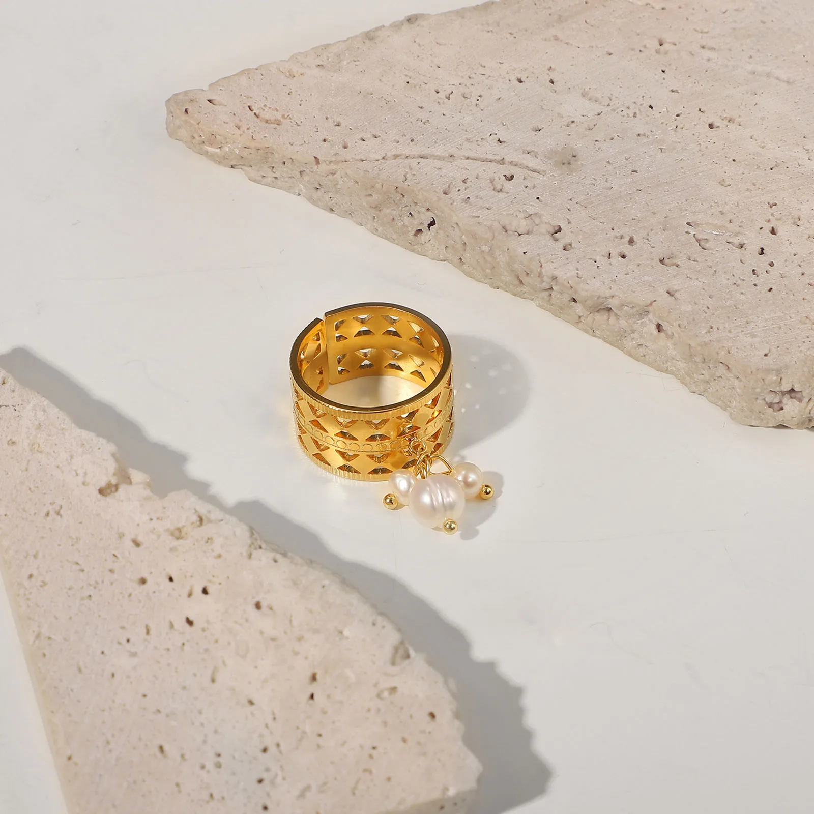 1 Pc Rvs & Natural Pearl Open Verstelbare Ringen Goud Kleur Wit Parel Ster Hart Hanger Brede Ring