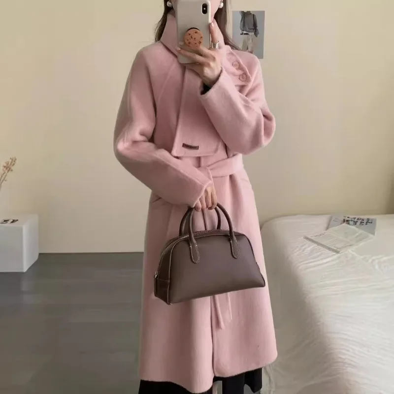 

Осень/зима 2022, новое двустороннее шерстяное пальто, удлиненное корейское издание, шарф, модное свободное повседневное шерстяное пальто