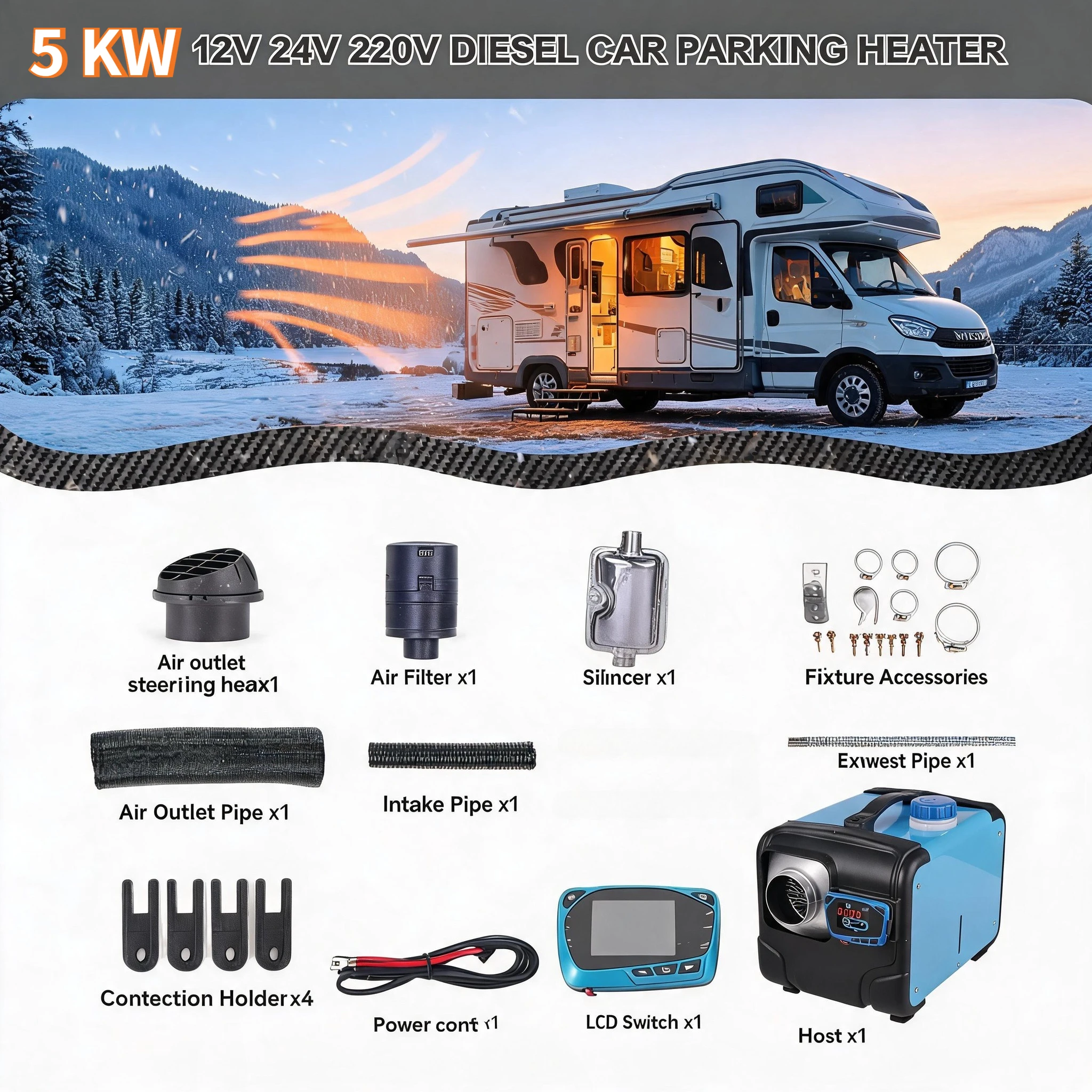 Wireless Remote 5KW Diesel Parking Heater 12V24V220V 3 in 1 Multi Voltage Air Heater for RV Truck Van Boat Snowy Areas
