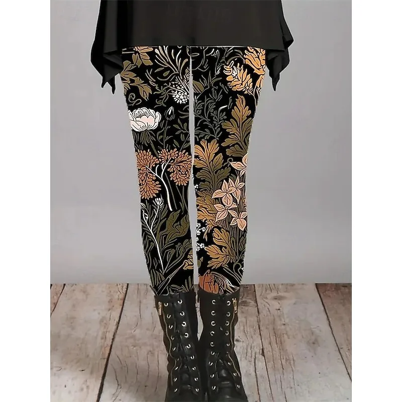 Leggings acogedores con estampado de plantas para mujer, ropa de calle informal con cintura elástica, cómodos para exteriores, para vacaciones al aire libre