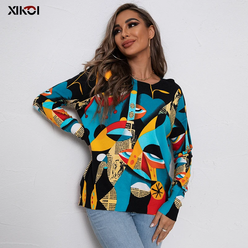 XIKOI Autumn Winter Pullover New Sweater Women High Quality Loose Knitted Sweaters Female Print Sweater Women Casual Tops