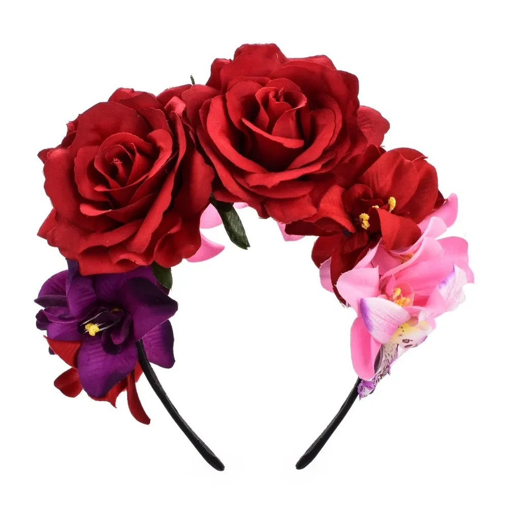 Mexikanischer Tag der Toten Rotes Rosen-Blumen-Stirnband, Künstliches Blumen-Haaraccessoire für Halloween, Katrina Cosplay Kopfreif – Detail 5