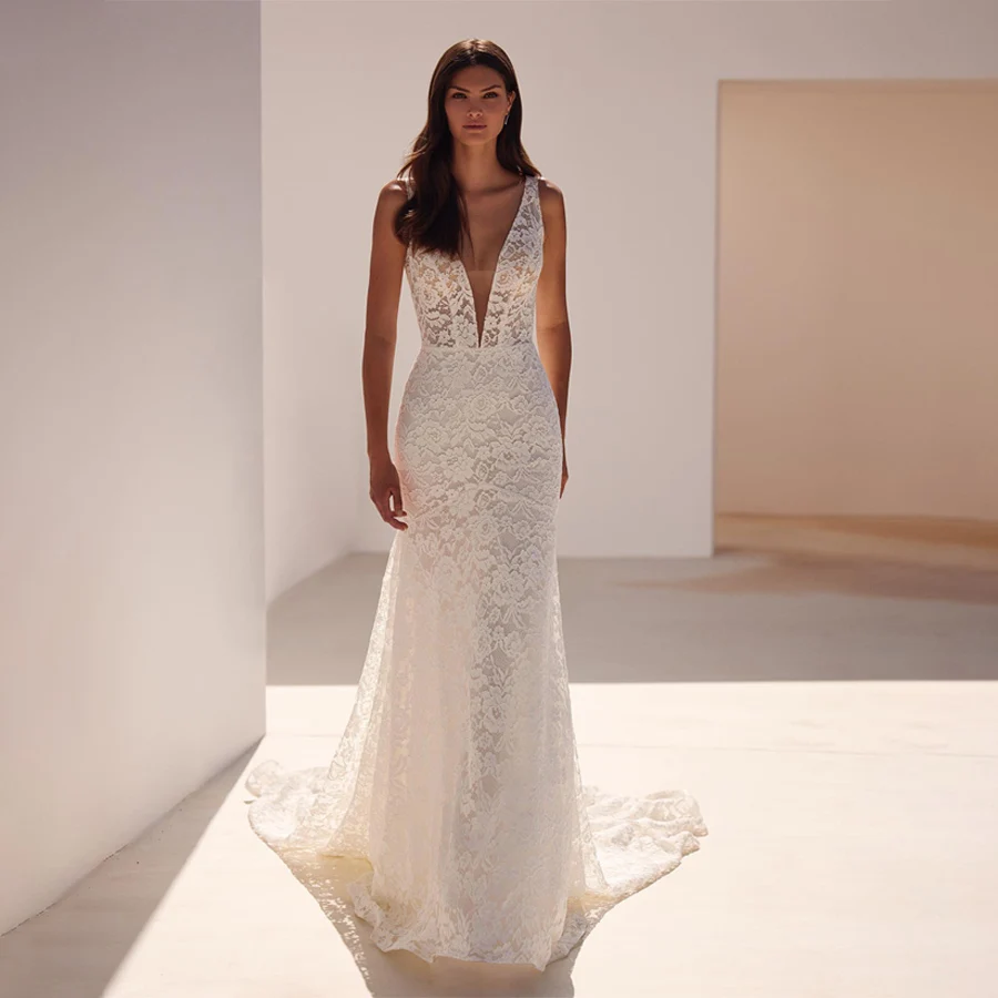 

Customized Sexy Deep V Neck Sleeveless Lace Wedding Dress Back See Through Buttons Long Train Sheath Beach Evening Gowns