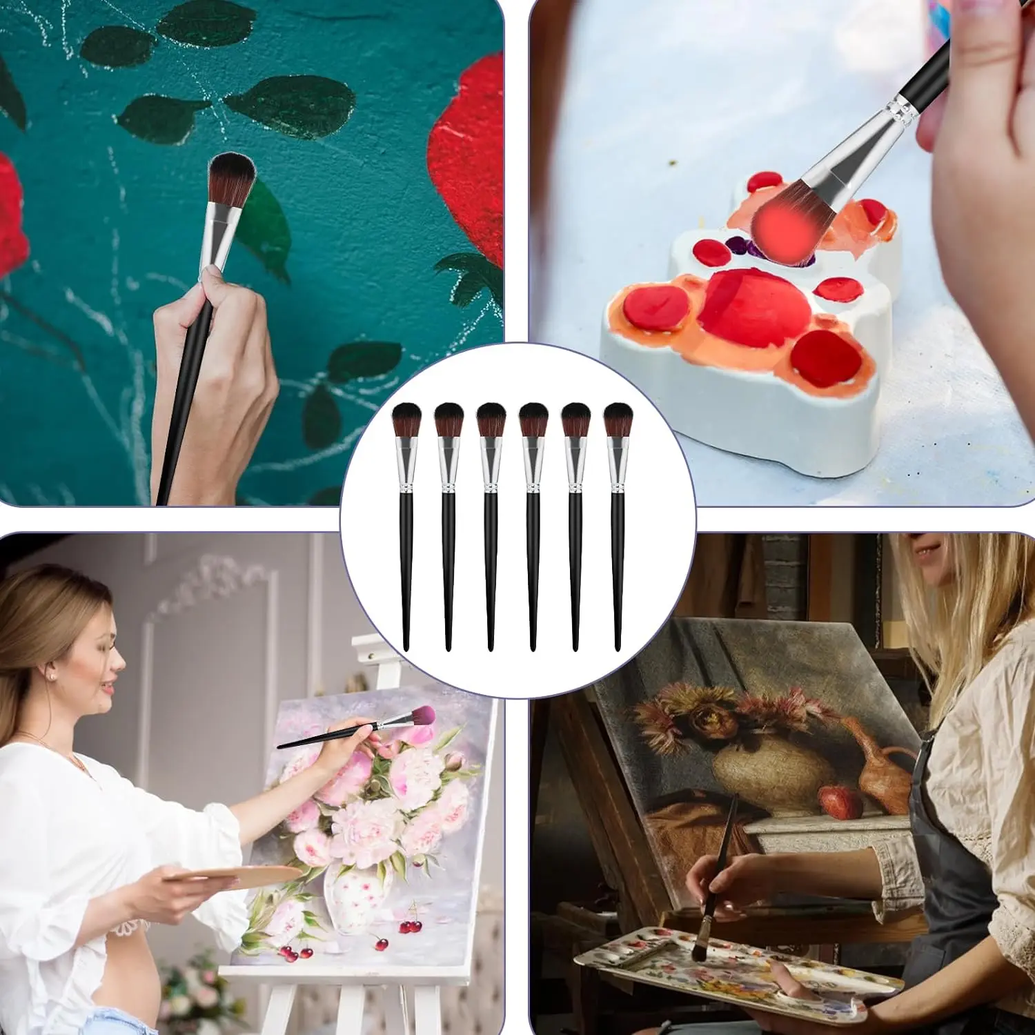 6pcs Mop Brush For Acrylic Painting 1 Inch Blending Brush Paint Brushes For Acrylic Face Body Painting Oval Mop Acrylic Brush