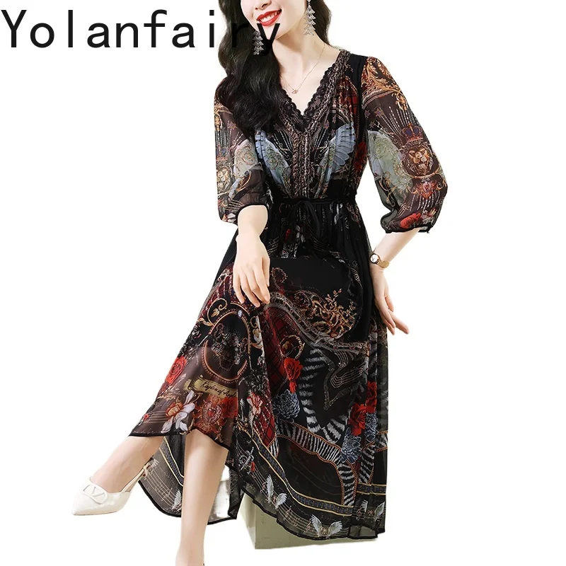 

YOLANFAIRY 100% Real Mulberry Silk Dresses Summer Elegant Printed Dress for Woman Vintage Long Dress Women's Clothing Vestido