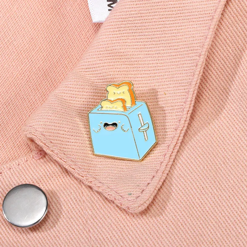 Cute Blue Toaster Toast Enamel Pin Cartoon Breakfast Food Metal Lapel Badge Funny Kitchen Brooch Hat Decor Fashion Jewelry Gift