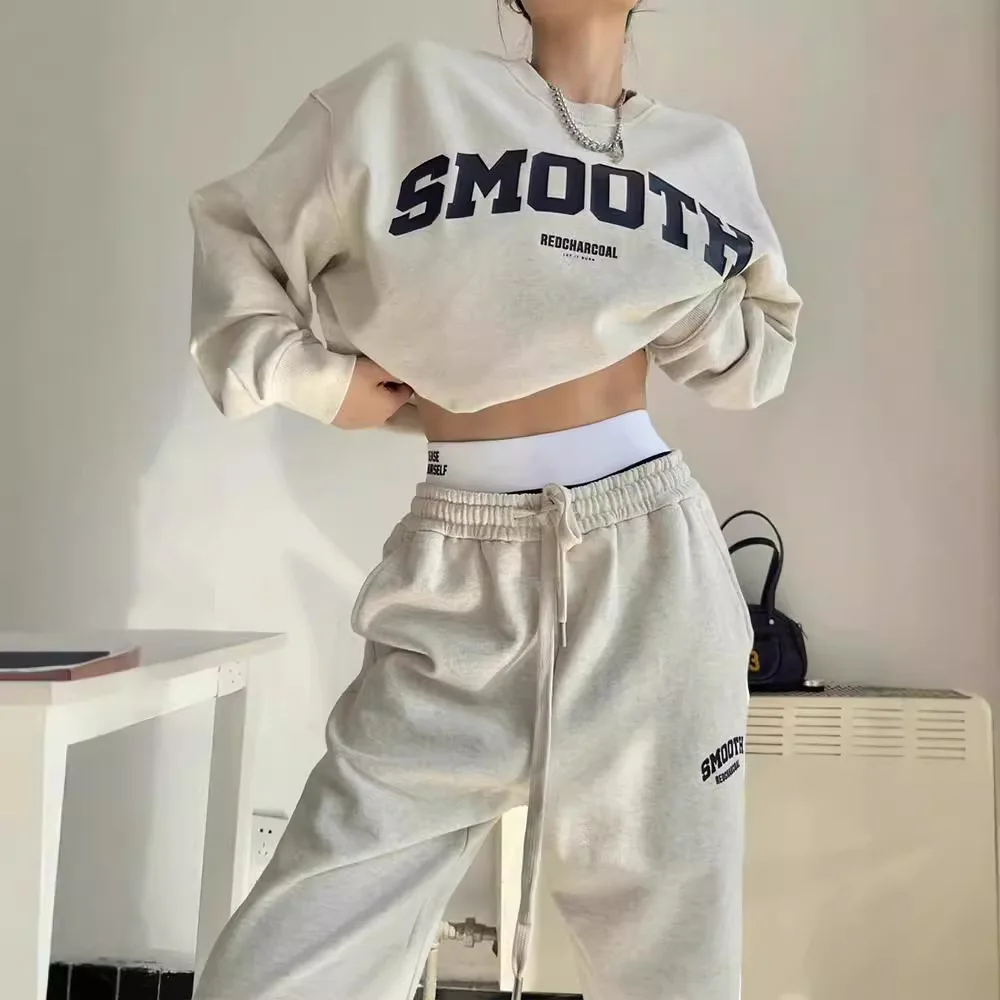 

Autumn Winter Fashionable Versatile Women's Sports Suit White Letter Printed Pullover Top + Casual Tie Trousers Two-piece Set