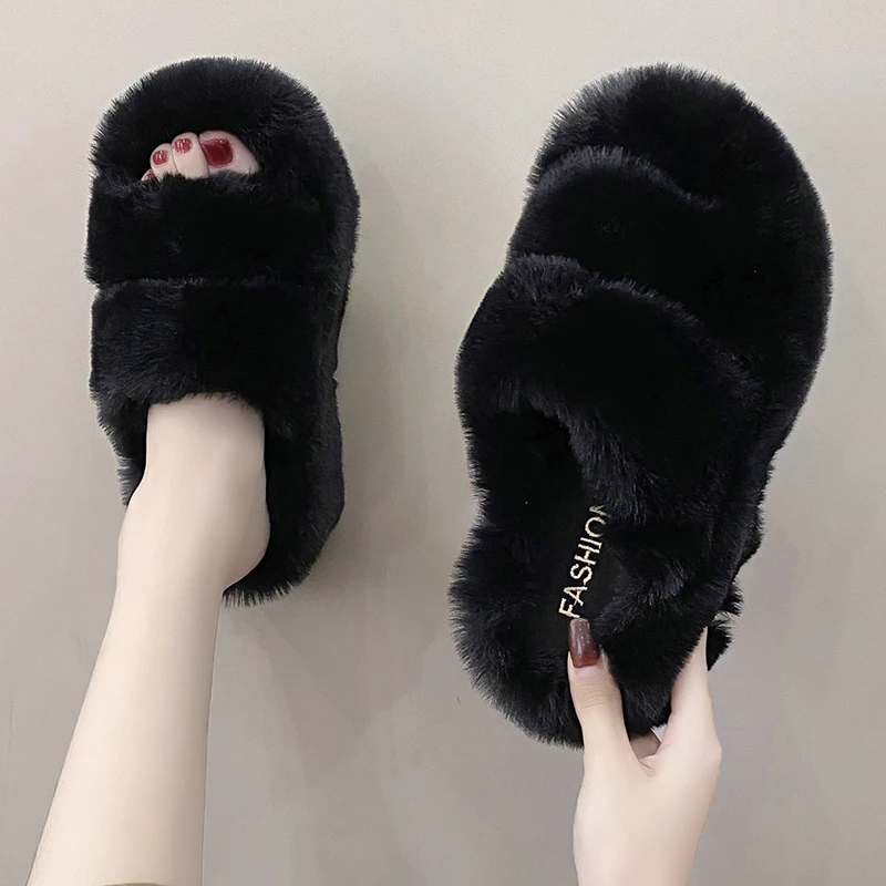 Woman Furry Ladies Fur Luxury Fluffy Plush Slipper House Soft Fuzzy Platform Indoor Casual Winter Home Warm High Heels Female