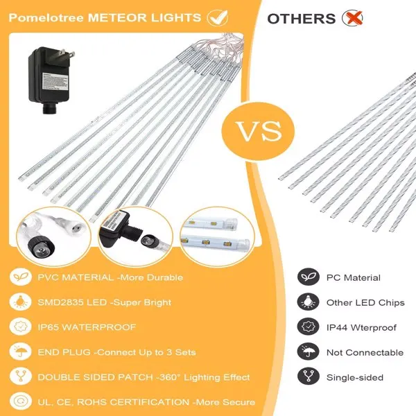 Luces de lluvia de meteoritos para exteriores, 10 tubos, árbol de Navidad y nevadas, 50cm