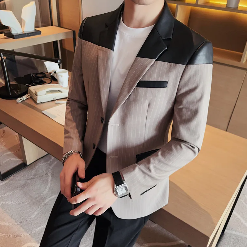 2023 New Style Men Spring High Quality Leather Jacket/Male Slim Fit High Quality Stripe Business Blazers/Man Casual Tuxedo 4XL