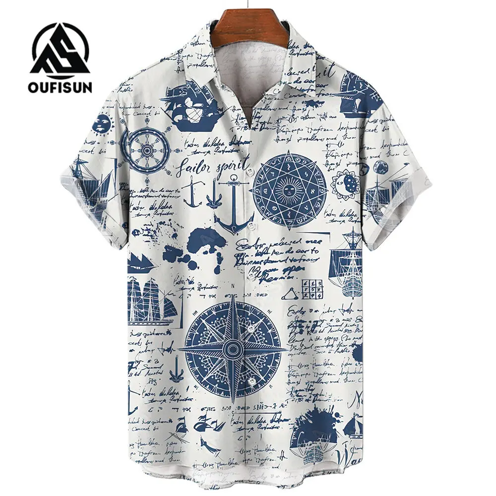 Men\'s Short Sleeve Shirt Summer Fashion Nautical Compass Anchor Printed Tops Men\'s Casual Loose Shirts Oversized Size S-5XL