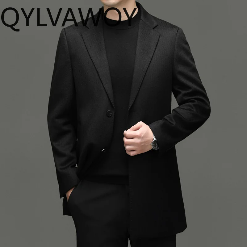 QYLVAWOY 80% Wool Cashmere Man Jacket Tailored Collar Mid Length Warm Clothes for Men Jackets Business Casual Coats New Casacos