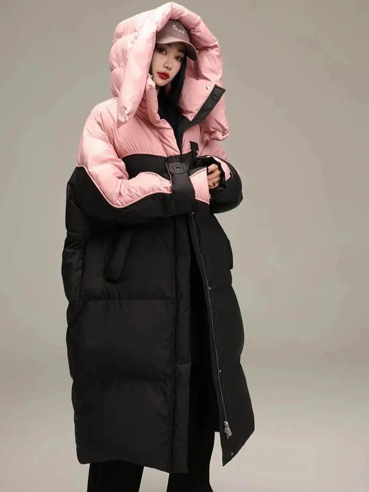 Winter Jacket for Women Thickened Hooded Long Down Coats White Duck Warm Knee-length Color Splicing Winter Jackets Snow Coat