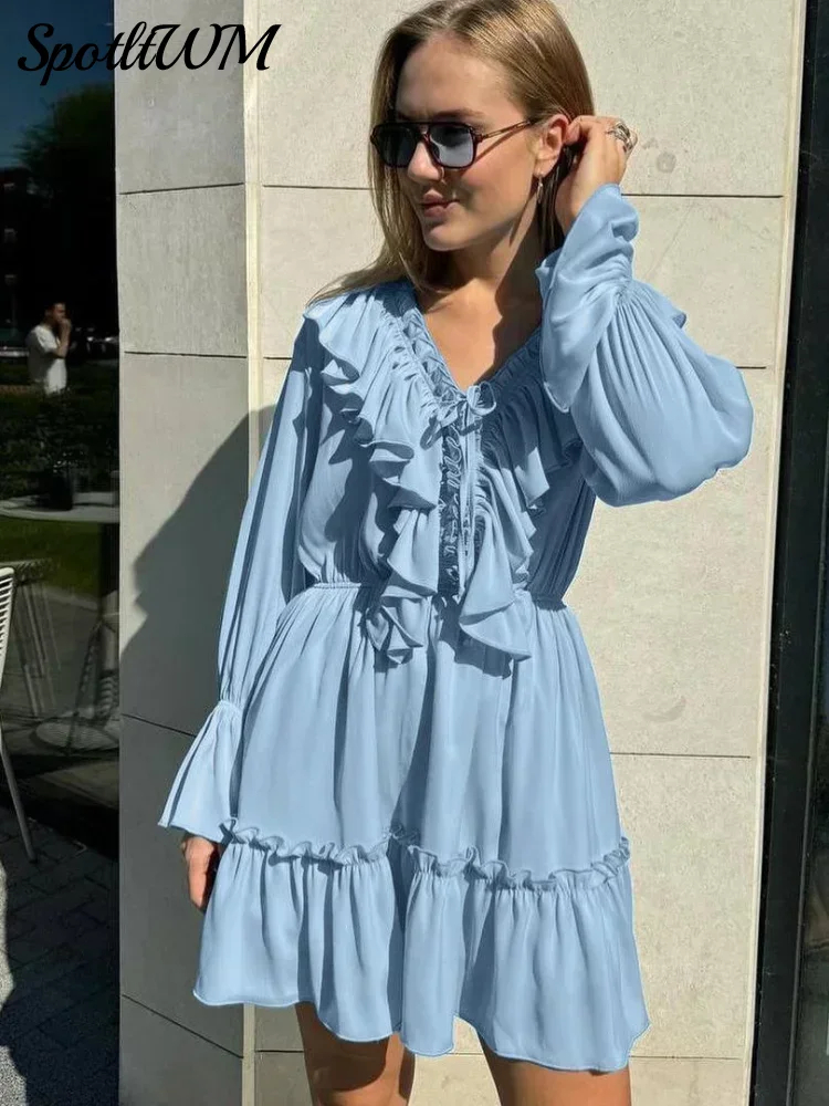 

Russia Elegant V-neck Layer Ruffles Mini Dress Women Casual Lace Up Long Flare Sleeve A-line Vestidos Summer Commute Street Wear