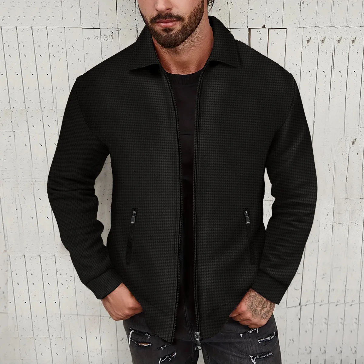 2024 new American casual jacket Waffle long-sleeved pocket zipper shirt High street outdoor spring and autumn coat for men