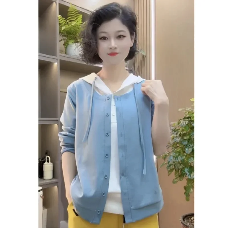 Giacca antietà per il tempo libero in cotone spaziale di alta qualità Primavera Estate Moda maglione a due pezzi finto con cappuccio a maniche lunghe